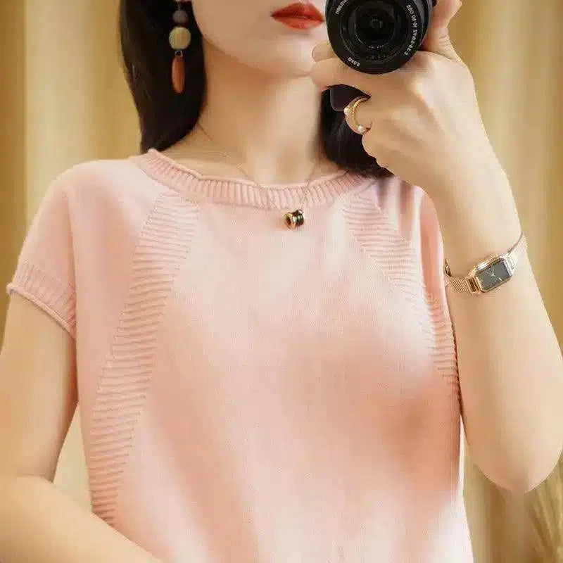 Women's Short Sleeve Knit Top-Pink-4