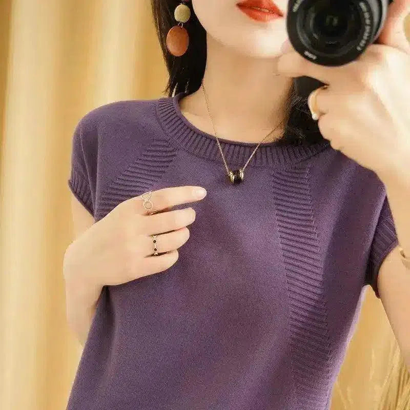 Women's Short Sleeve Knit Top-Purple-5