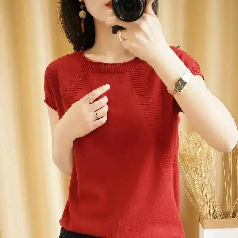 Women's Short Sleeve Knit Top-Claret Red-6