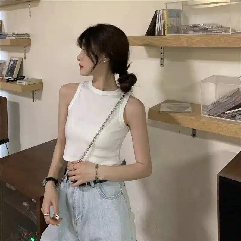Sleeveless Crop Top & Casual Drawstring Pants-White-2