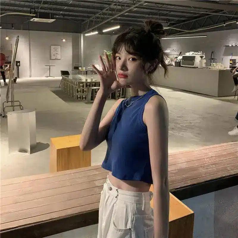 Sleeveless Crop Top & Casual Drawstring Pants-Blue-3