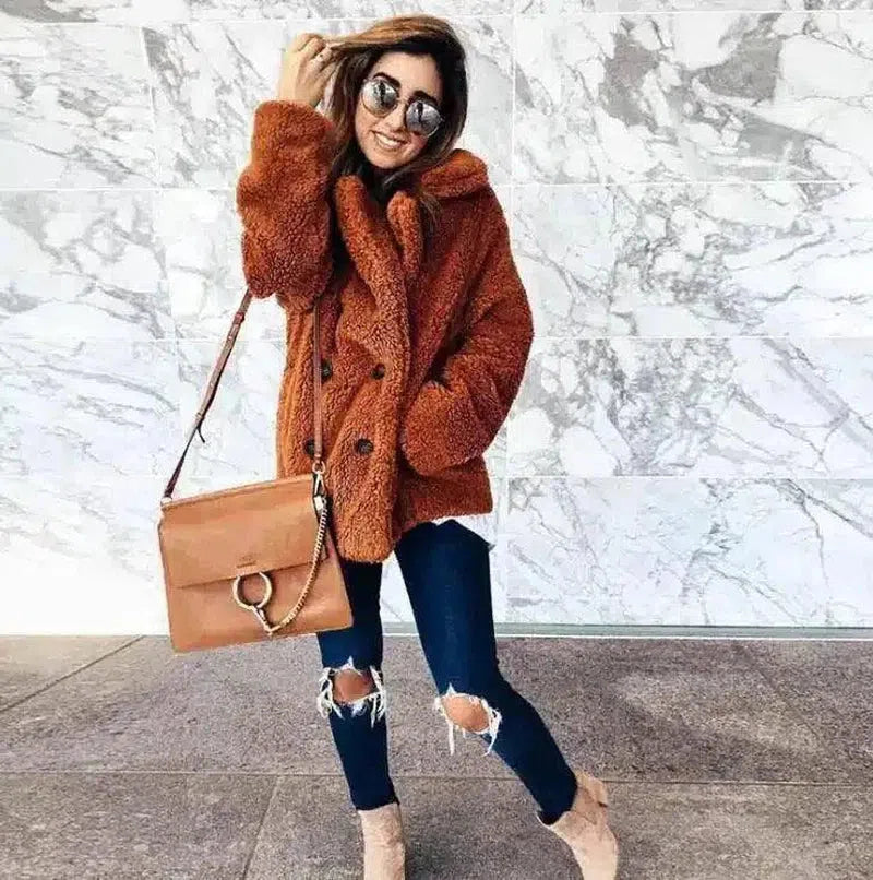 Warm Fuzzy Winter Coat with Pockets-Red color-9