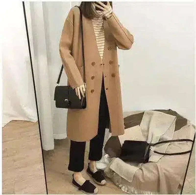 Warm Double-Breasted Women's Long Coat-Camel-2