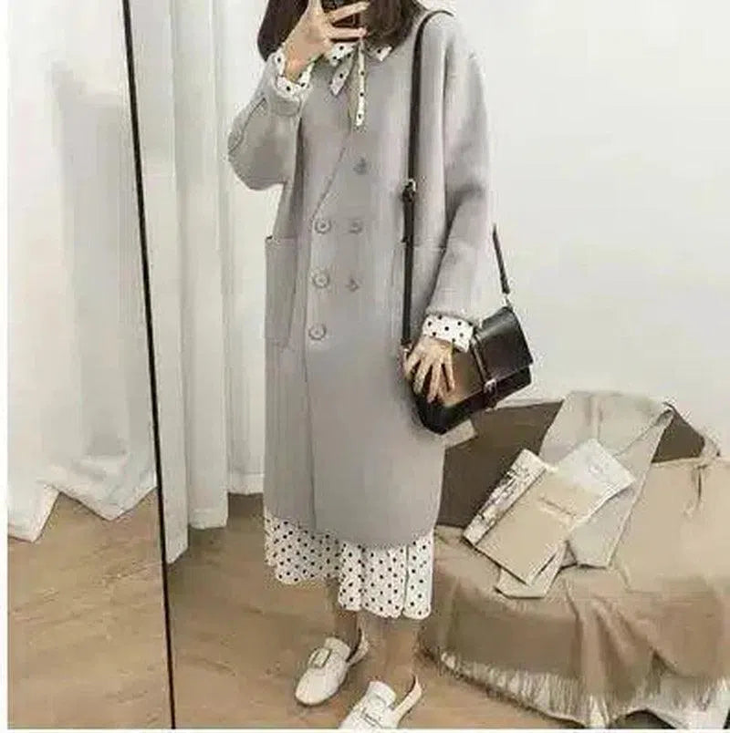 Warm Double-Breasted Women's Long Coat-Light blue-3