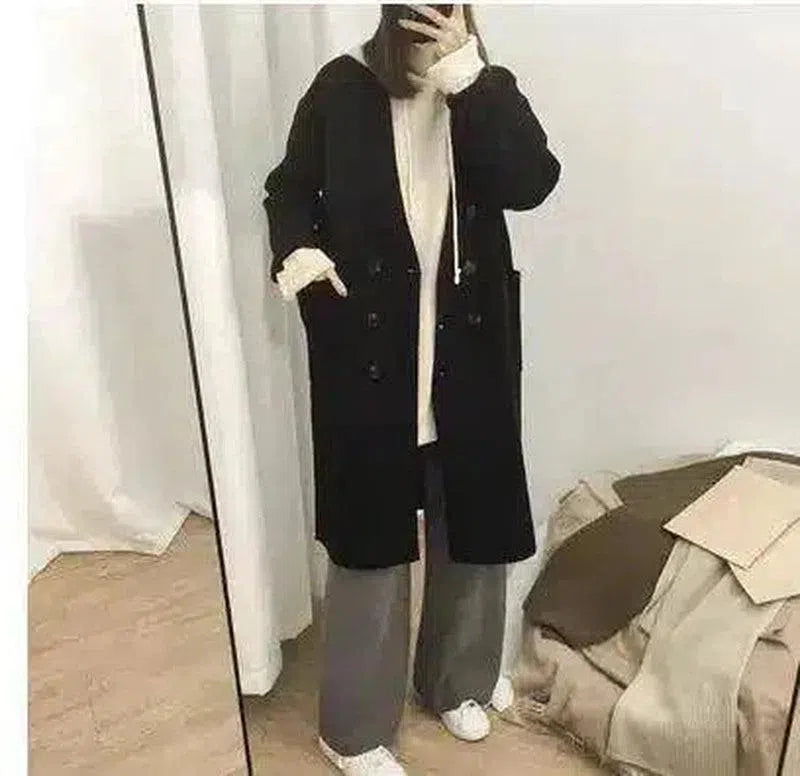 Warm Double-Breasted Women's Long Coat-Black-4
