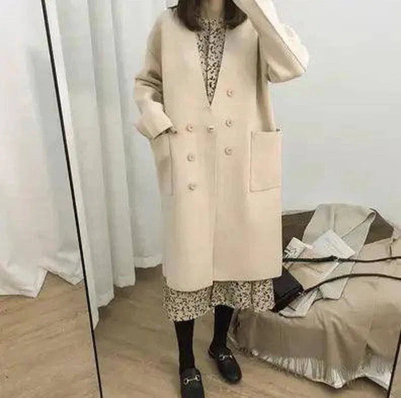 Warm Double-Breasted Women's Long Coat-Apricot-5
