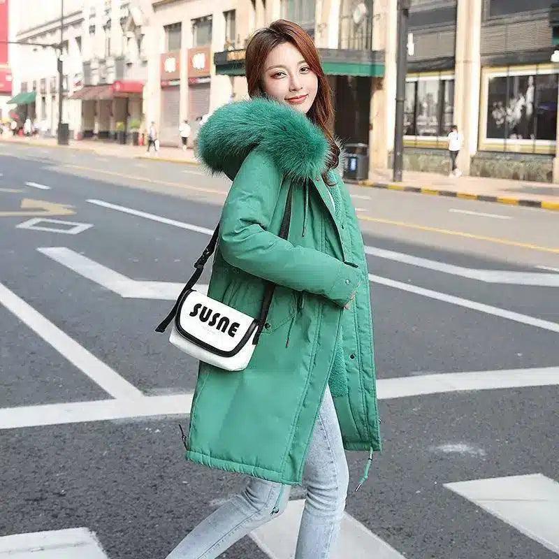 Fur-Trimmed Women's Winter Coat-Green-2