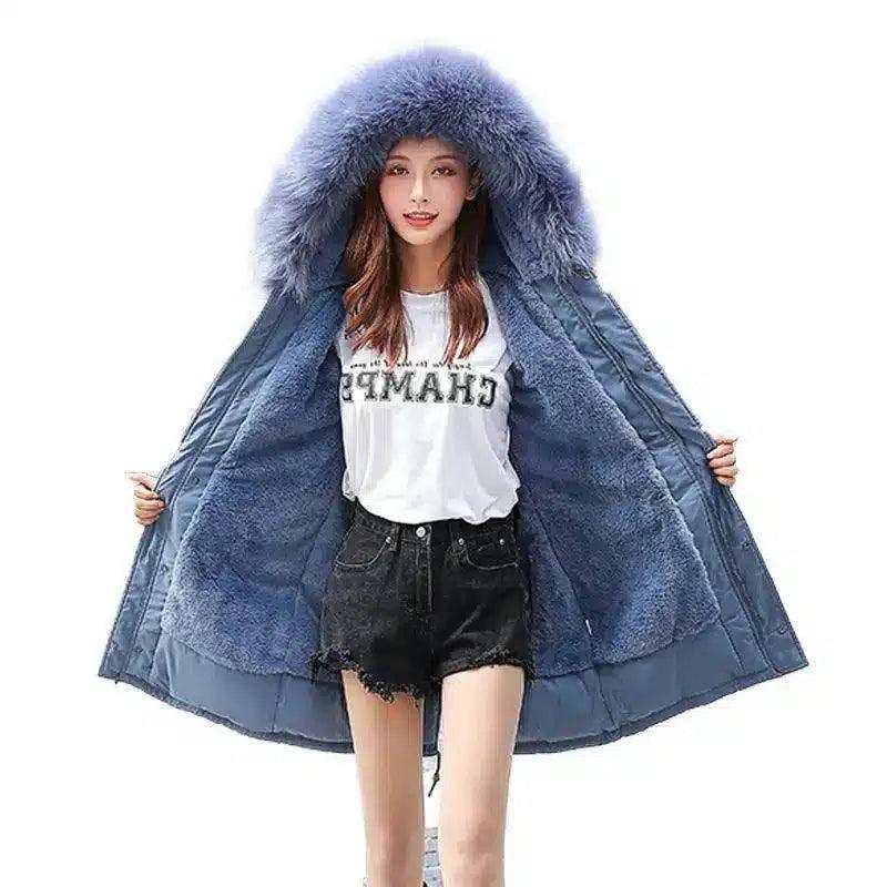 Fur-Trimmed Women's Winter Coat-Blue-3