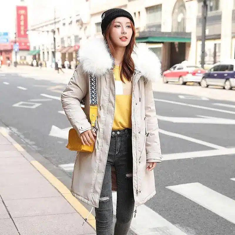 Fur-Trimmed Women's Winter Coat-Beige-4