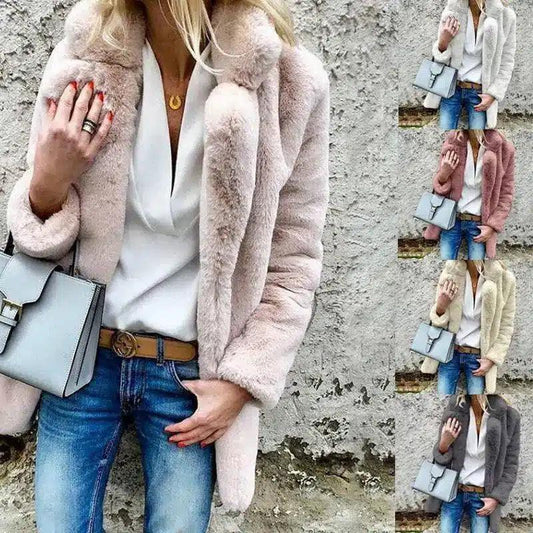 Women's Faux Fur Lapel Jacket - Solid Color, Long-Sleeved-1