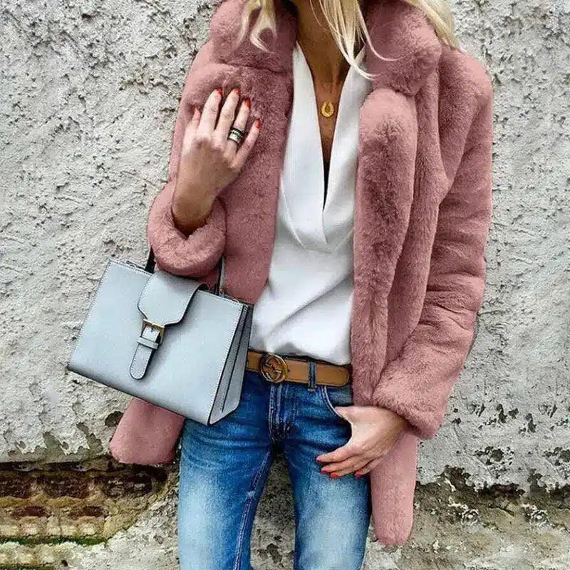 Women's Faux Fur Lapel Jacket - Solid Color, Long-Sleeved-3 red bean paste-2