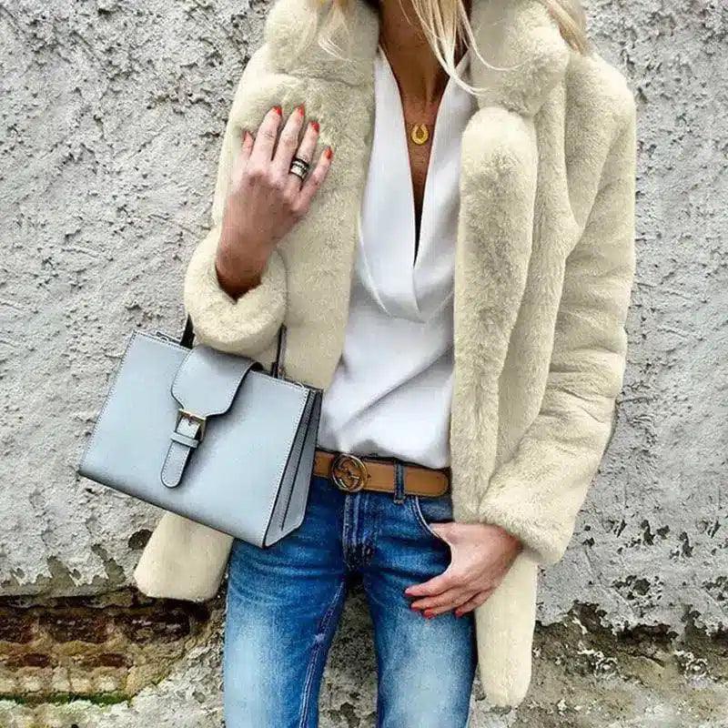 Women's Faux Fur Lapel Jacket - Solid Color, Long-Sleeved-4 apricot-7