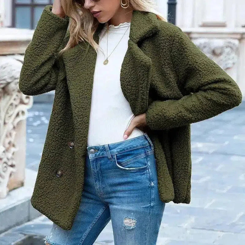 Women's Fleece Double-Breasted Coat-Green-10