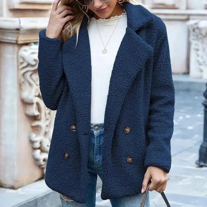 Women's Fleece Double-Breasted Coat-Dark blue-4