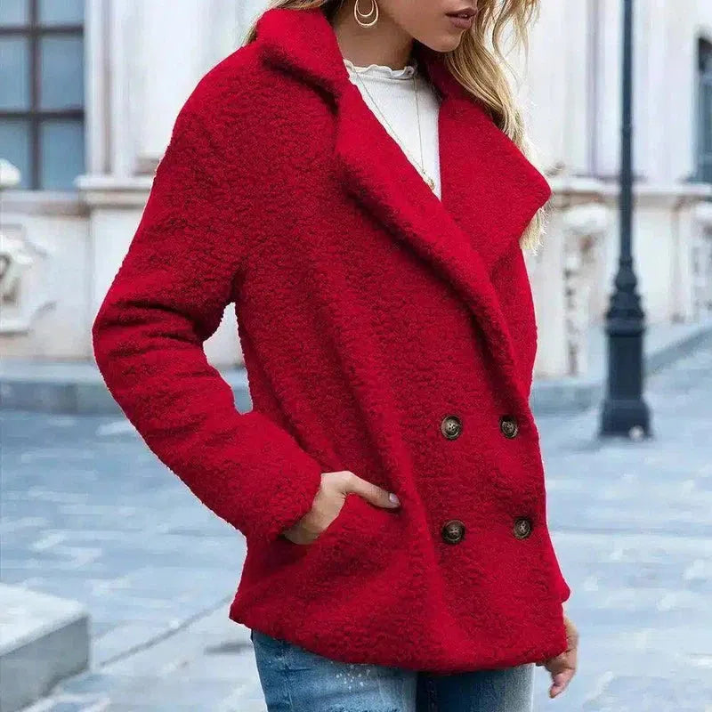 Women's Fleece Double-Breasted Coat-Red-7