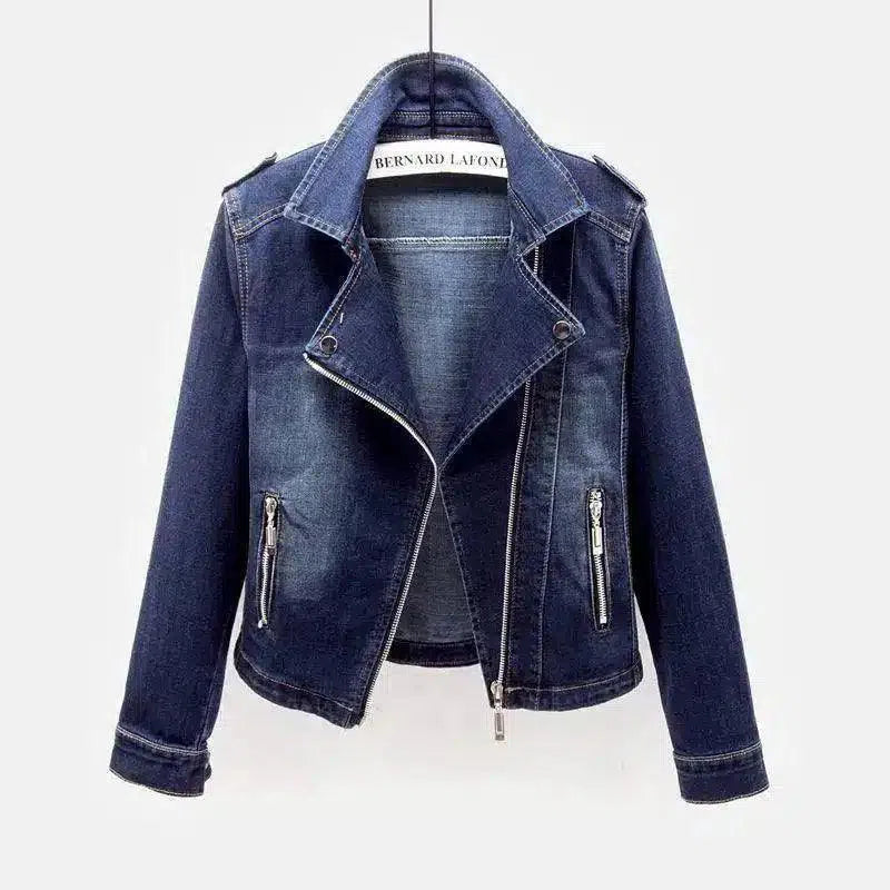 Women's Zippered Denim Jacket-Dark Blue-2
