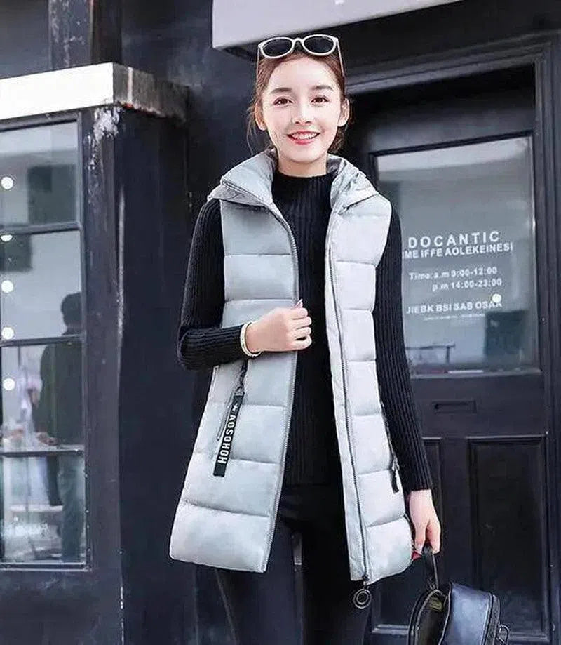 Women's Sleeveless Padded Zip Vest-Grey-1