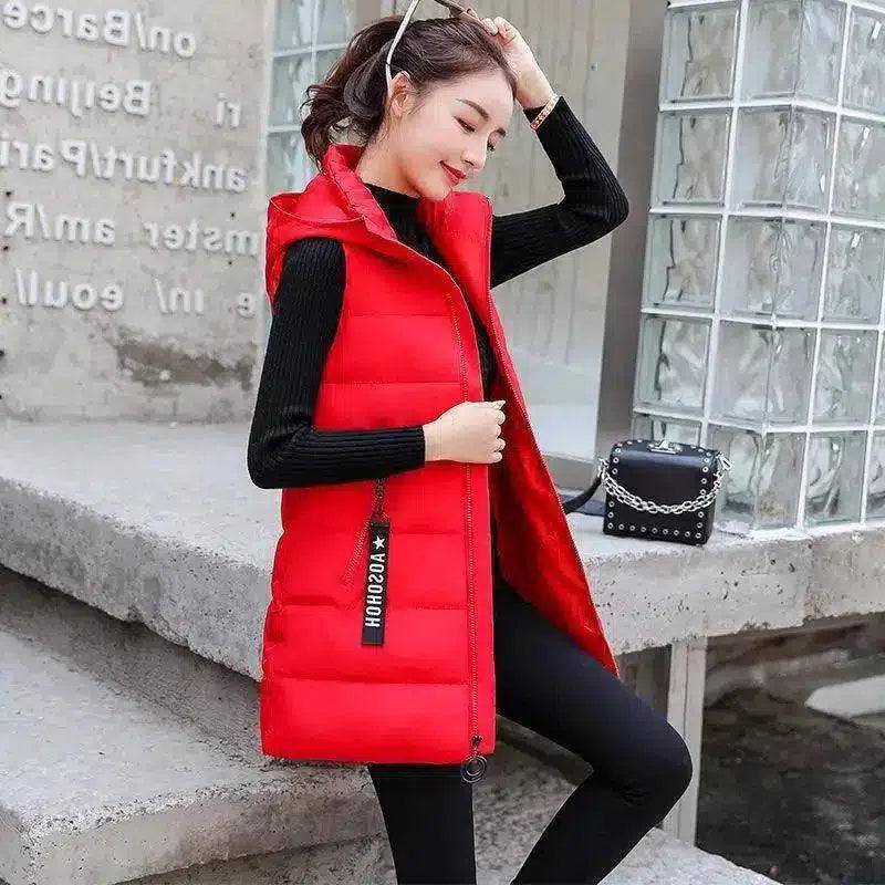 Women's Sleeveless Padded Zip Vest-Red-2