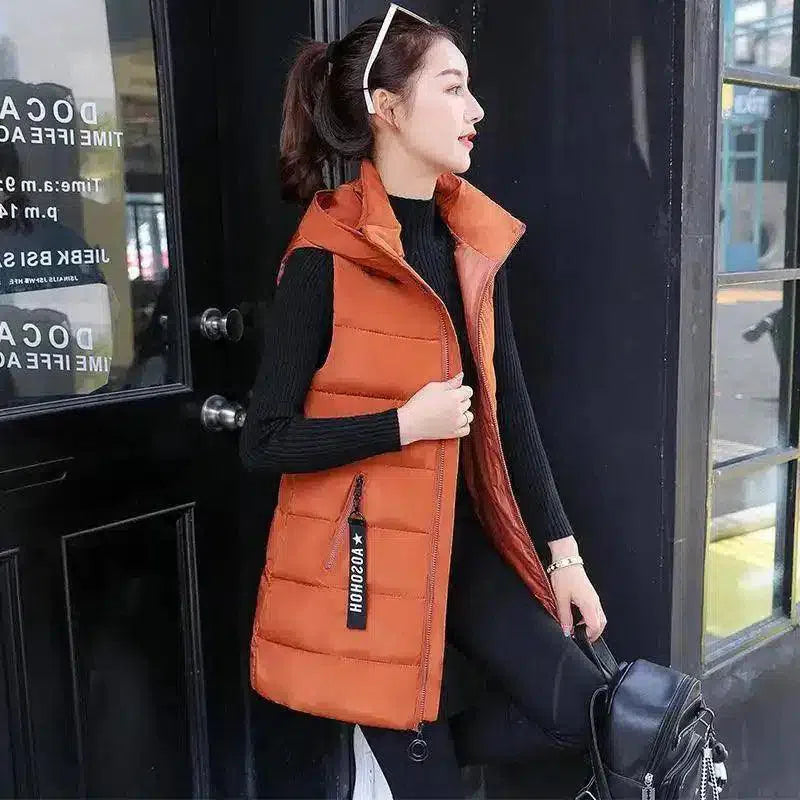 Women's Sleeveless Padded Zip Vest-Brown-4