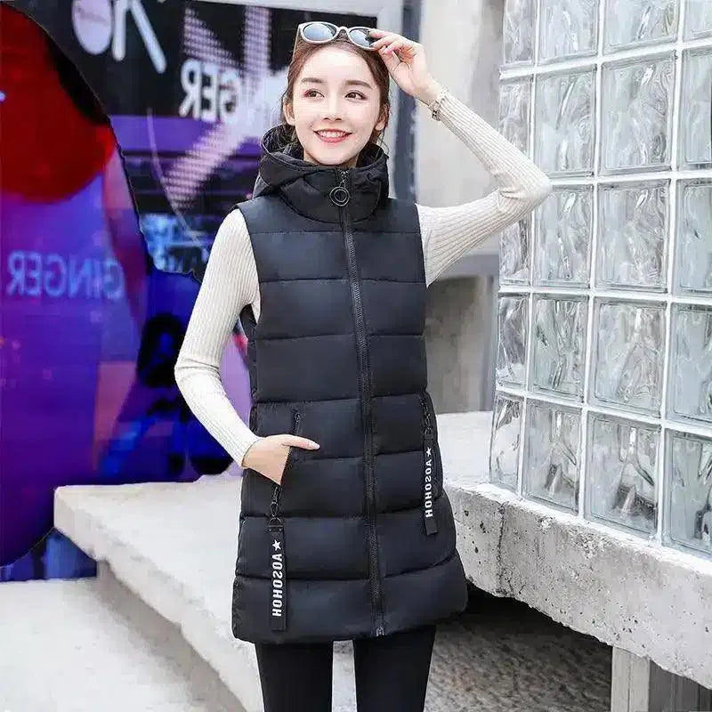 Women's Sleeveless Padded Zip Vest-Black-5