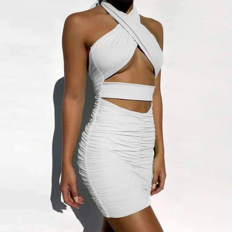 Halter Neck Cross-Front Mini Dress-White-2