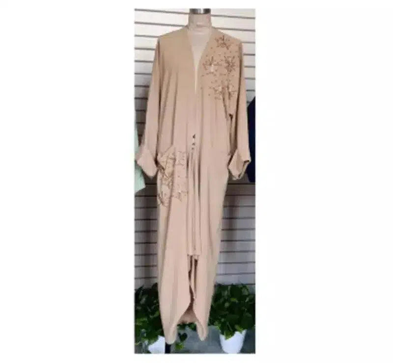 Elegant Long Cape with Embroidery Detail-Khaki-3