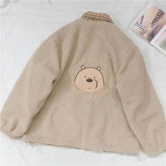 Bear embroidered lamb fur plaid coat-Khaki-1