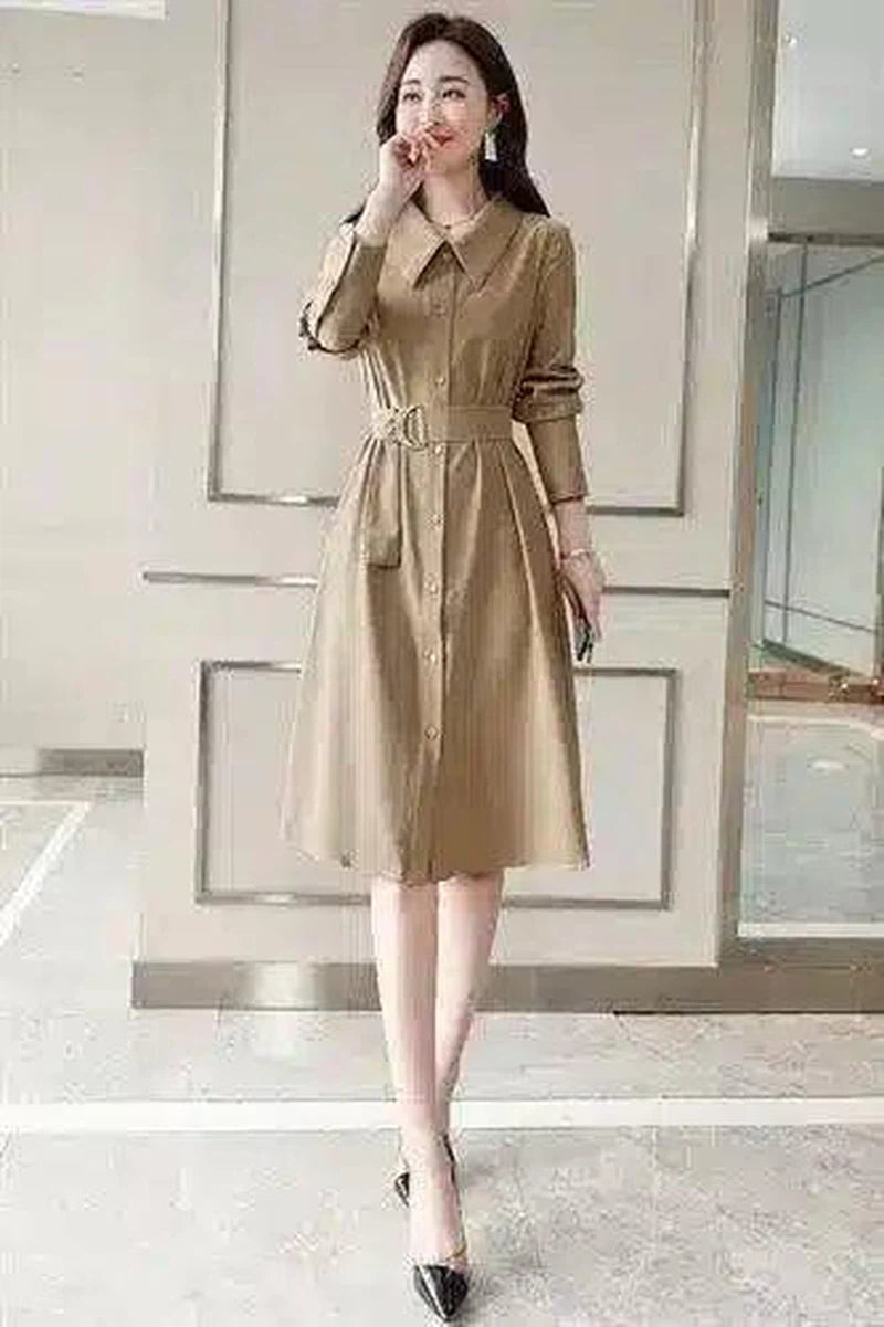 Women's Belted Midi Shirt Dress-Khaki-3
