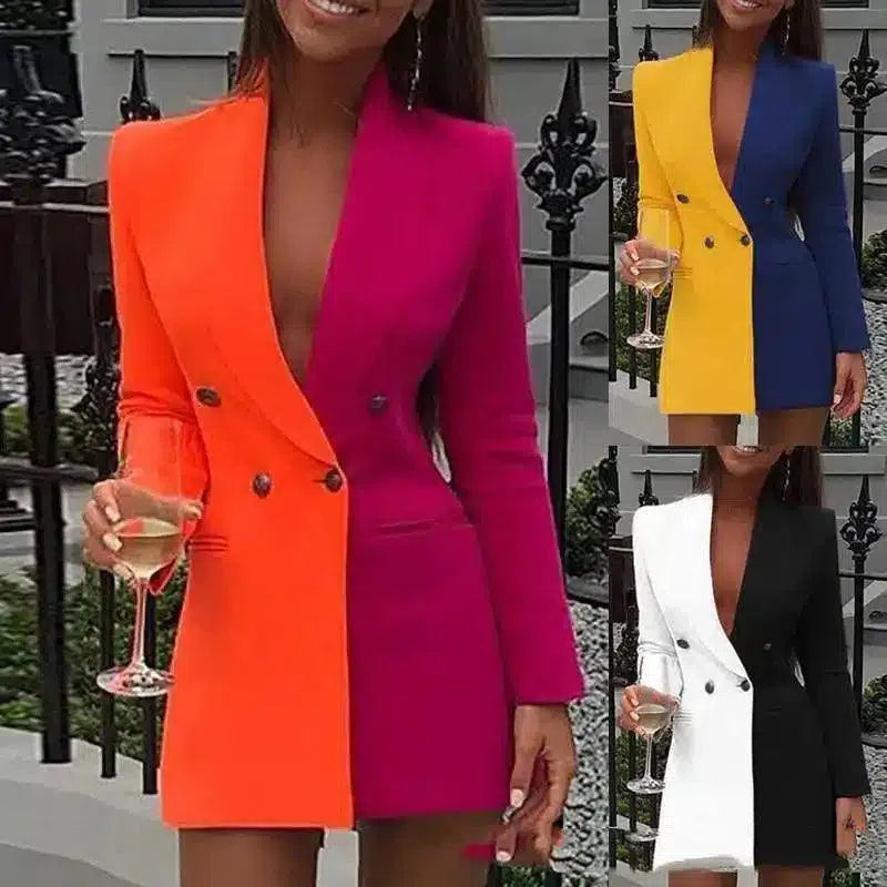 Chic Women's Blazer Dress with Double Buttons-1