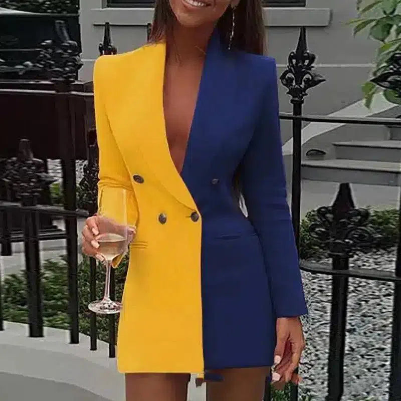 Chic Women's Blazer Dress with Double Buttons-Yellow-5