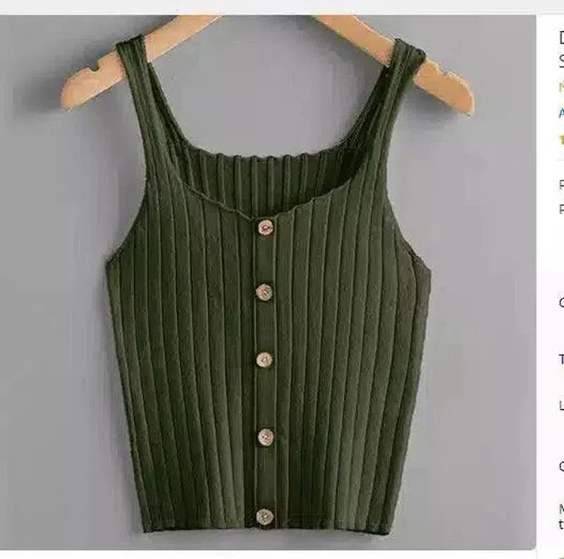 Ribbed Knit Tank Top with Button Detail-Green-2