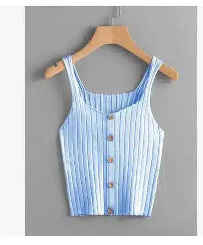 Ribbed Knit Tank Top with Button Detail-Blue-3