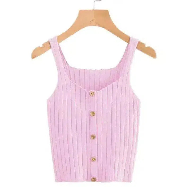 Ribbed Knit Tank Top with Button Detail-Pink-4