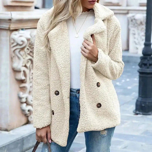 Women's Buttoned Fleece Jacket-Milky white-2