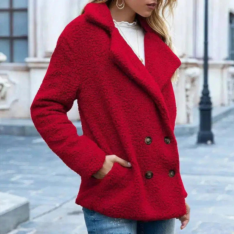 Women's Buttoned Fleece Jacket-Red-3