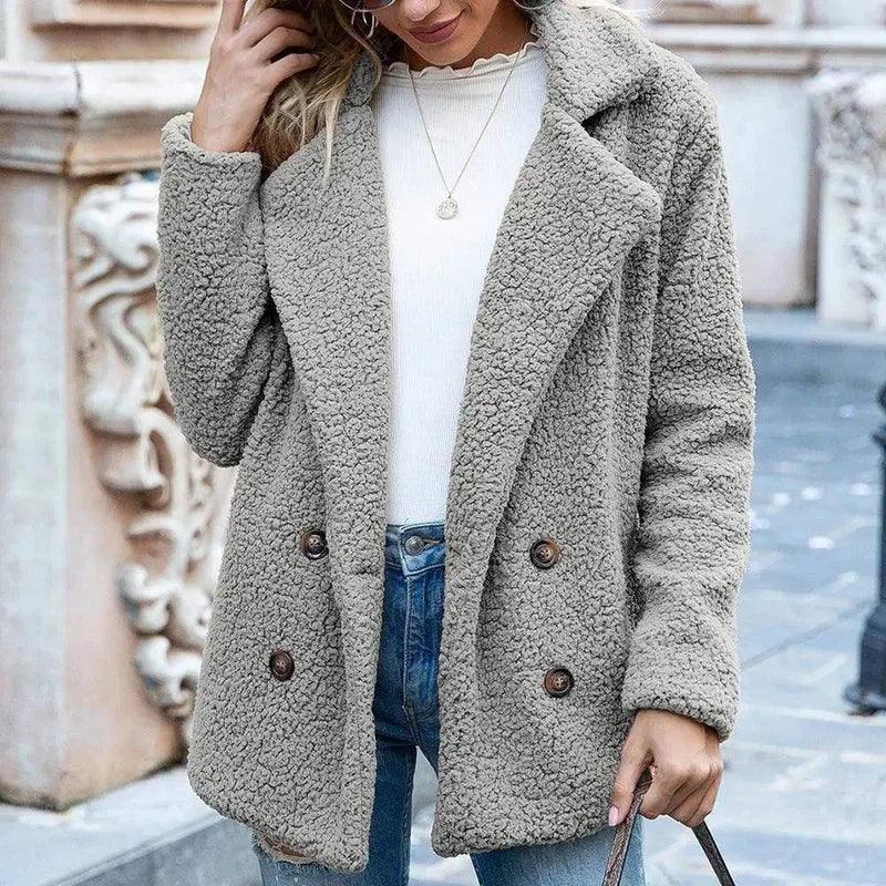 Women's Buttoned Fleece Jacket-Light Grey-4