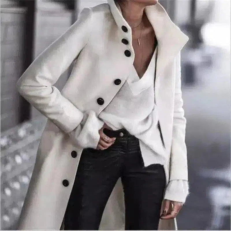 Women's Double-Breasted Peacoat with Large Buttons-White-2