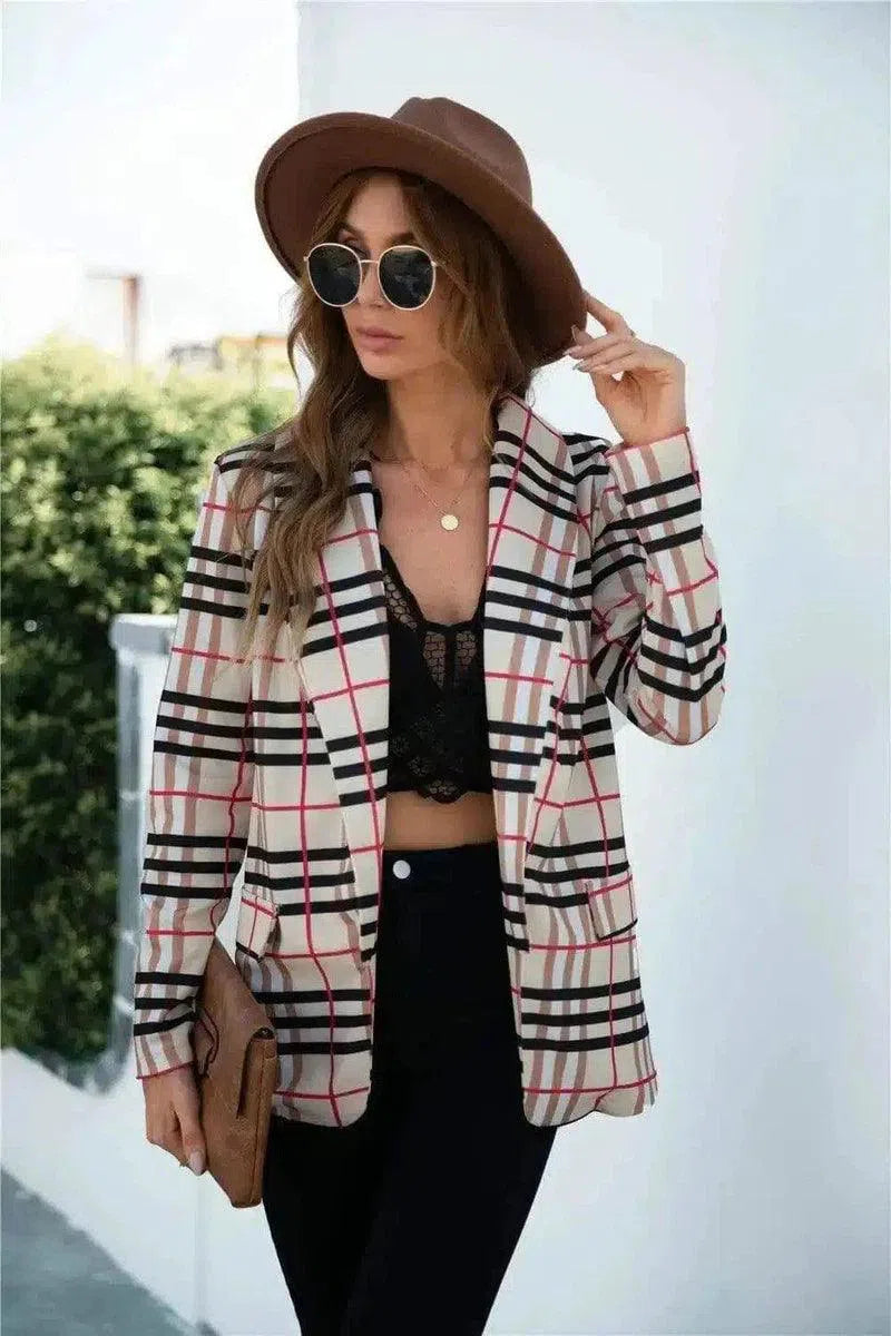 Womens Casual Plaid Blazer-Khaki-2