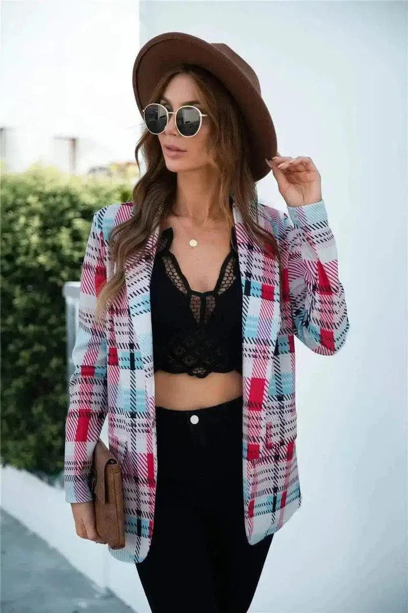 Womens Casual Plaid Blazer-Pink-3