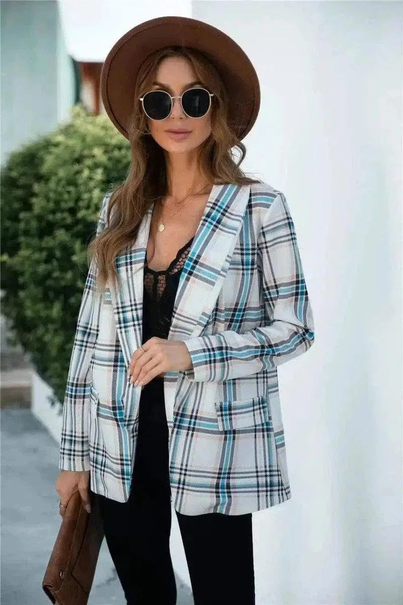 Womens Casual Plaid Blazer-Blue-4