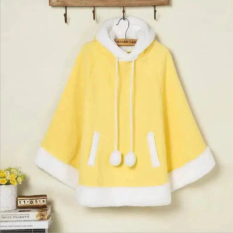Kids' Hooded Fleece Cape with Pompom Buttons-Yellow-2