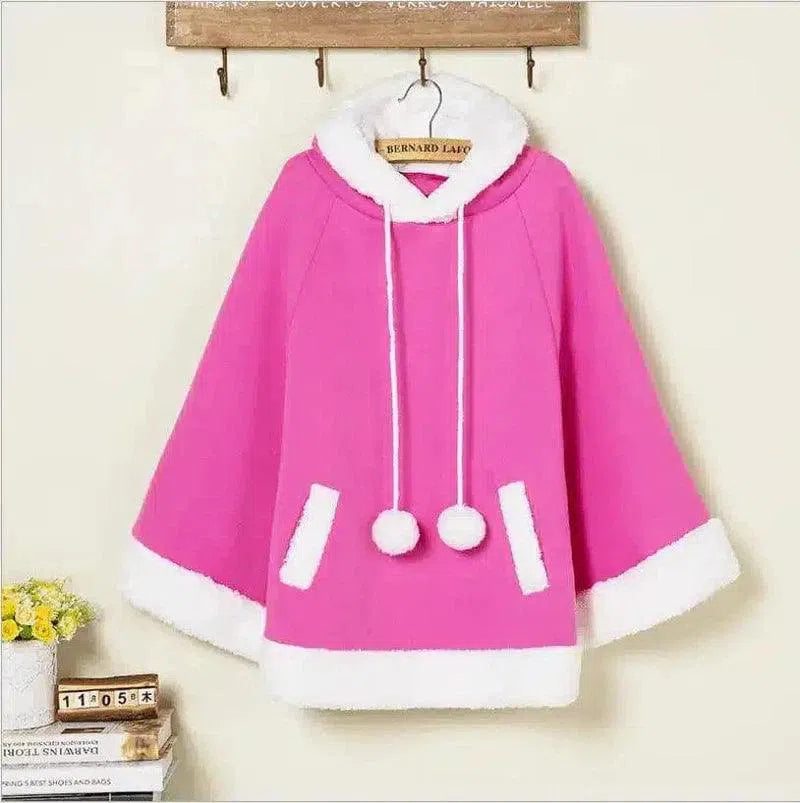 Kids' Hooded Fleece Cape with Pompom Buttons-Rose red-3