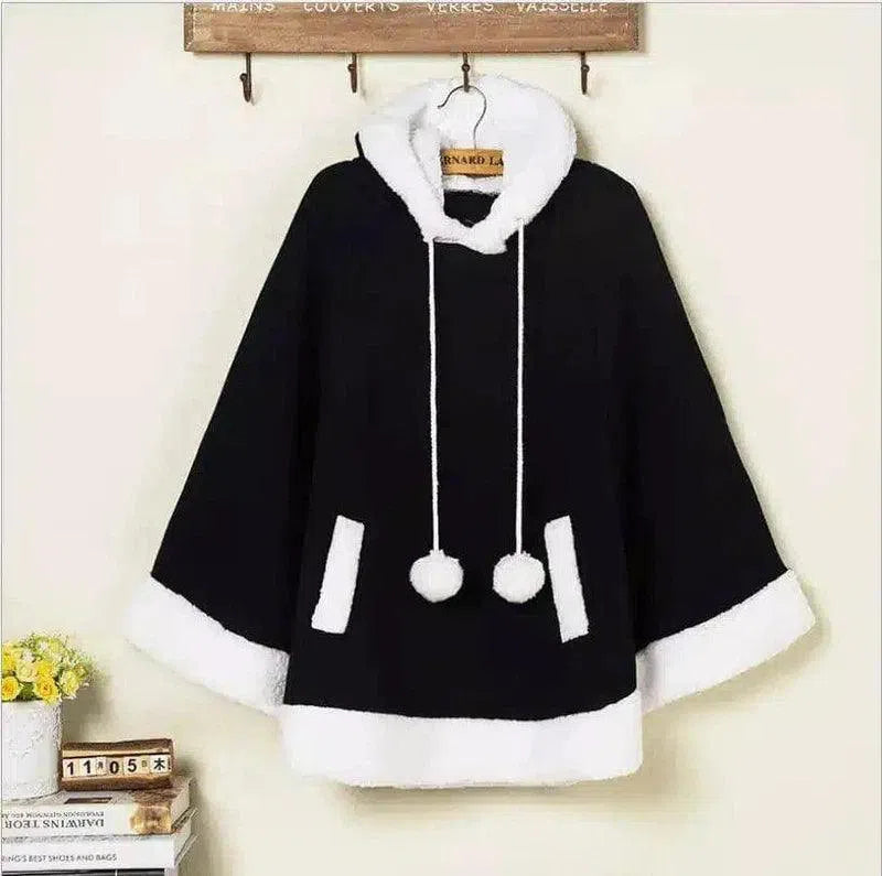 Kids' Hooded Fleece Cape with Pompom Buttons-Black-5