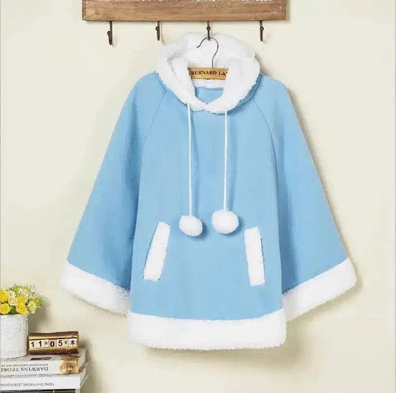 Kids' Hooded Fleece Cape with Pompom Buttons-Blue-6