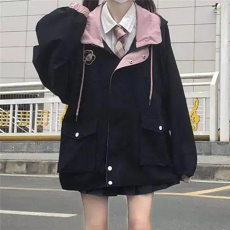 Color-Blocking Hong Kong Style Jacket Female Students Autumn-Black-2