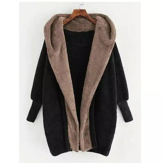 Color Matching Hooded Loose Cardigan Jacket-Black-1