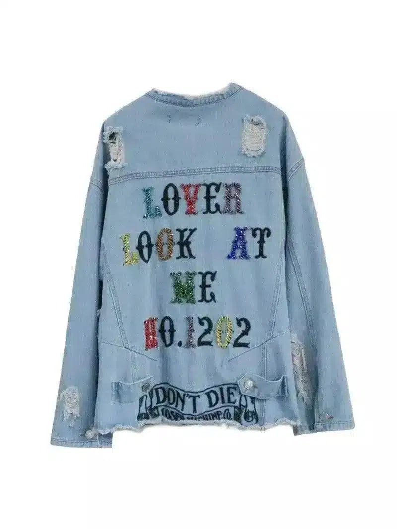 Embroidered Denim Jacket with Distressed Detail-Blue-2