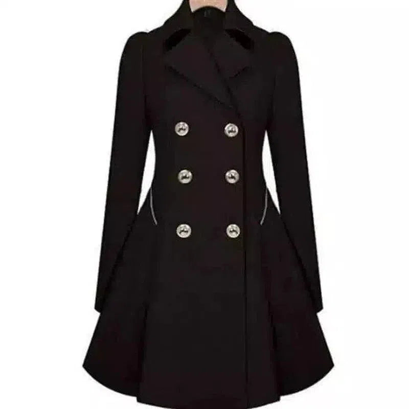 Double-Breasted Women's Peacoat Jacket-Black-2