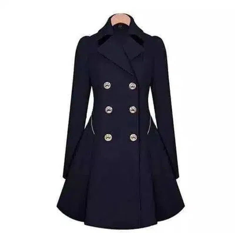 Double-Breasted Women's Peacoat Jacket-Navy Blue-3