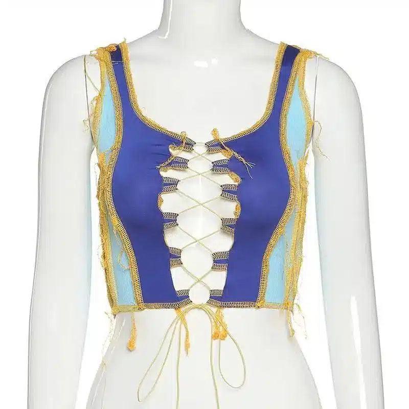 Women's Lace-Up Front Tank Top-Blue-2